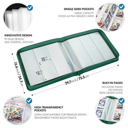 FunGuys Graded Card Binder, 60 PSA Slab Holder, 6 Pocket Graded Card Storage, Slab Binder, PSA Card Graded Display Case Album, Zipper, MTG Card Collection Binder - color: Black and Green