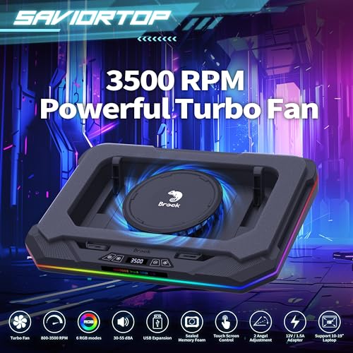 Brook Saviortop Gaming Laptop Cooling Pad – High-Speed 3500 RPM Laptop Cooler with Turbo Fan, RGB Cooling Stand for 10-19 Inch Laptops, Touch Control, USB-C Hub, Adjustable Height, Quiet Cooling Fan