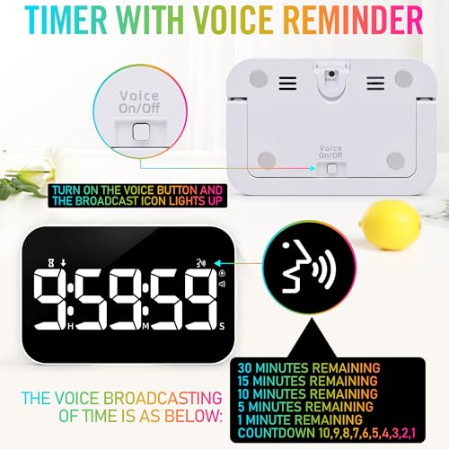 Kitchen Timer for Cooking, Rechargeable Digital Magnetic Timer with Large LED Display, Loud Alarm, Sound Countdown, 4 Volume Levels and 3 Brightness for Classroom, Study (White) - color: White