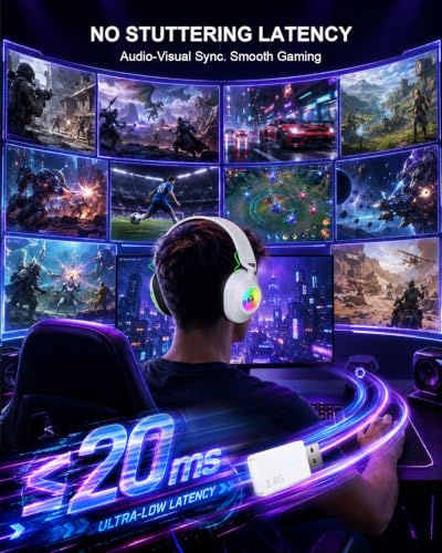 Vakedy Wireless Gaming Headset for PS5,PS4,Mac,Switch, RGB 20ms Latency | 2.4GHz & BT Gaming Headphones, 50H Battery and Noise Canceling Mic for Fortnite & Call of Duty/FPS Gamers, 50MM Drivers - color: White/Black