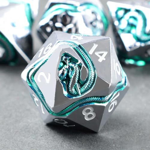 Ancient Serpent Metal DND Dice Set, 7 Piece Polyhedral RPG Dice for Dungeons and Dragons, Weighted Zinc Alloy Tabletop Dice with Storage Gift Case - color: Silver White