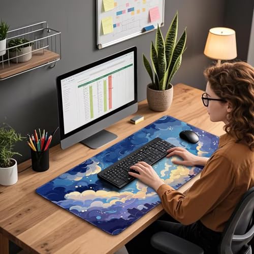 Blue Nebula Aesthetic Large Gaming Mouse Pad Desk Mat 31.5"x15.7" | Extended Mousepad, Non-Slip Rubber Base , Stitched Edges, for Computer/Laptop/Office/Home - color: Blue Nebula