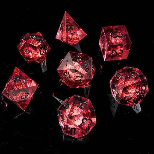 FugaCity Dice Set,Handmade Sharp Edge 7 Piece Resin Dice-Dungeon&Dragons Polyhedral Dice Set, D&D Dice Set with Gift Dice Case for RPG MTG Table Games - color: A-liquid Core Dark Red