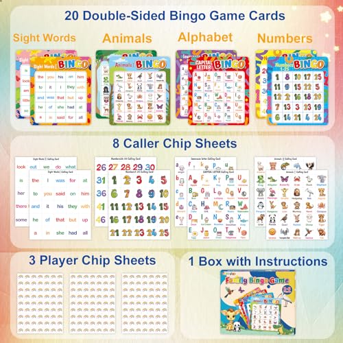 Fancy Land ABC & 123 Bingo Game for Kids 4 in 1 Educational Bingo Cards Set | Sight Words Animals Alphabet Numbers Board Game for Kindergarten Preschool Ages 4-8 Counting and Matching Skills Development