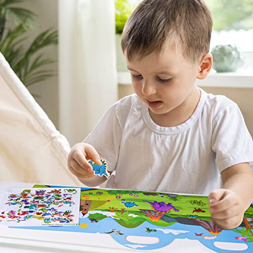 ASTARON Reusable Sticker Book for Toddlers, 88 Pcs Dinosaur Stickers Road Trip Activities Car Airplane Activities Travel Toys for Kids, Kids Quiet Time Activities (2-6 Age) - style: Dinosaurs