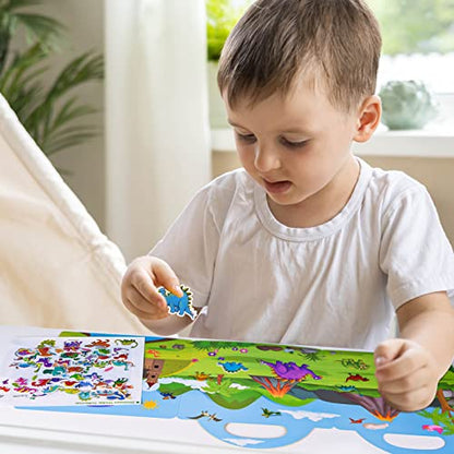 ASTARON Reusable Sticker Book for Toddlers, 88 Pcs Dinosaur Stickers Road Trip Activities Car Airplane Activities Travel Toys for Kids, Kids Quiet Time Activities (2-6 Age) - style: Dinosaurs