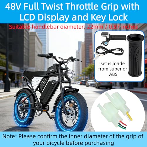 48V Ebike Full Twist Throttle, with LED Display with Key Lock | 7/8-inch (22mm) handlebars, Constructed from ABS + rubber with anti-slip texture, for Ebike Motorcycle Scooter