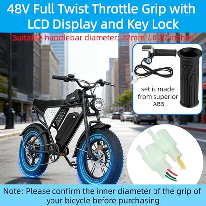 48V Ebike Full Twist Throttle, with LED Display with Key Lock | 7/8-inch (22mm) handlebars, Constructed from ABS + rubber with anti-slip texture, for Ebike Motorcycle Scooter