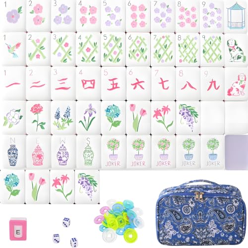 Mahjong Tiles Set, 4-Layer American Mahjong Tiles with 50 Chips,3 Dice & Blue Printed Carrying Bag Case, 160 Pcs Mahjong Sets with Acrylic Engraving for Home, Travel & Game Nights - color: Floral