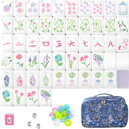 Mahjong Tiles Set, 4-Layer American Mahjong Tiles with 50 Chips,3 Dice & Blue Printed Carrying Bag Case, 160 Pcs Mahjong Sets with Acrylic Engraving for Home, Travel & Game Nights - color: Floral