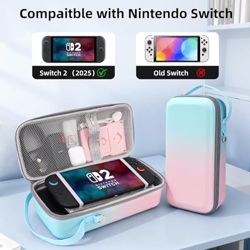 FIWWAT Carrying Case for Nintendo Switch 2 2025, 12 Game Card Slots, Large Capacity Hard Travel Protective Case for Switch 2 Console Accessories Pro Controller, Dock, Pink&Blue - color: Pink-Blue Gradient