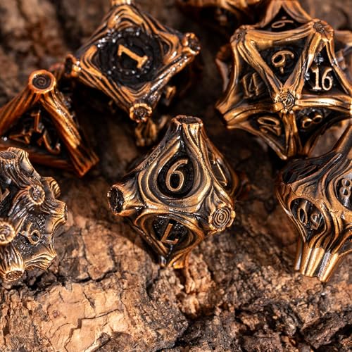 Metal Dice Set D&D 7PCS Metal DND Dice Set Golden for Tabletop Games | Leather Storage Bag, DM Gift, for Dungeons and Dragons Role Playing Games - color: Metal Tree-agolden