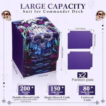 Leather Card Deck Case Compatible with MTG Cards Holds 120+ Trading Cards Strong Magnet Storage Card Box with 2 Dividers Compatible with TCG CCG(Purple,Vertical Skull) - color: Purple, style: Vertical Skull