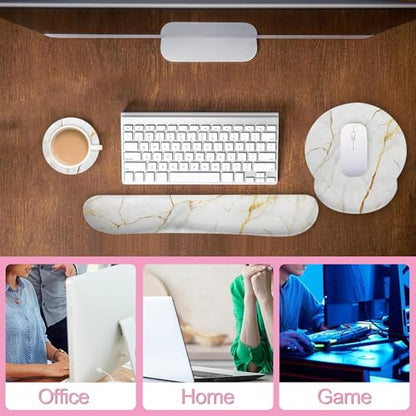 White Gold Flowing Marble Mouse Pad with Wrist Rest and Keyboard Wrist Rest Set, Non-Slip Rubber Base Memory Foam Mouse Pad Set for Women, Office Desk Accessories, Gaming - color: White Gold Flowing Marble