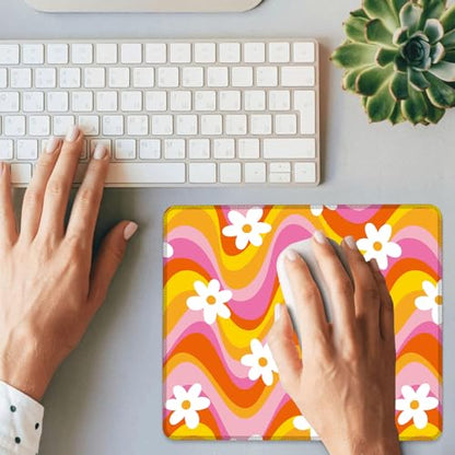Retro Floral Groovy Daisy Mouse Pad Square MousePads Non-Slip Rubber Base Mouse Mat Desk Pad with Stitched Edge for Desk Computers Laptop Office, 9.5x8 Inches - color: Retro Floral Groovy Daisy