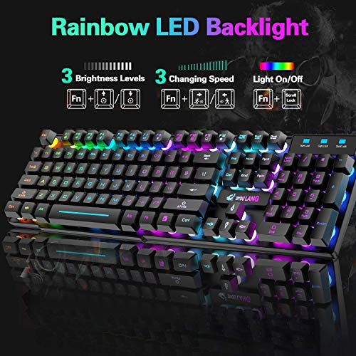 Rechargeable Wireless Gaming Keyboard and Mouse Combo with Mouse Pad, Black | 4,000mAh Battery, Up to 75H, Rainbow Backlight, 29-Key Anti-Ghosting, Mechanical Feel, 2,400 DPI, 6 Buttons, USB Receiver