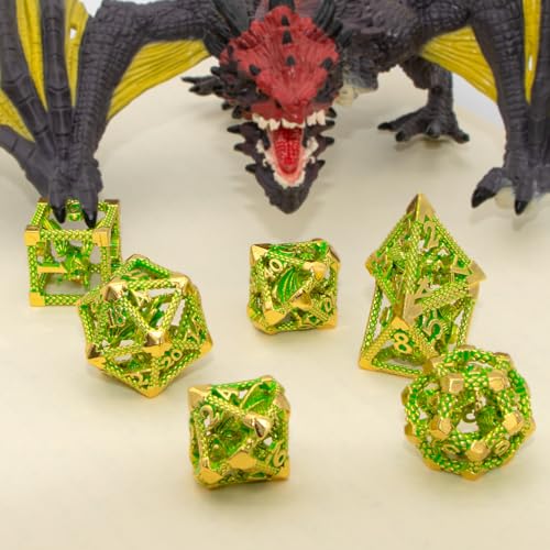 DND Dice Set,3D Hollow Dragon Metal 7-Die,Gilt Green | Lightweight copper hollow polyhedral dice with clear numbers, gift box and velvet bag for DND players and collectors. - color: Gilt Green