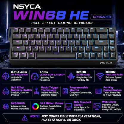 WIN68 HE Hall Effect Keyboard, Rapid Trigger Magnetic Gaming Keyboard, 8000Hz Polling Rate, DKS & SOCD, 0.01mm Adjustable Actuation, RGB PBT Keycaps, 60% Wired Keyboard for FPS Gaming PC & Mac - color: WIN68 Black