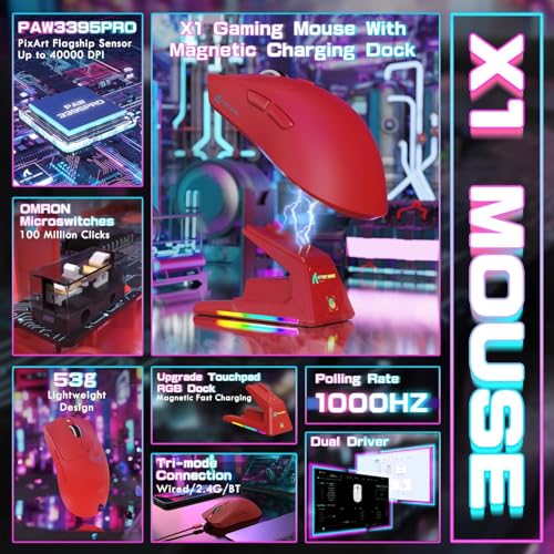 ATTACK SHARK X1 Ultralight Tri Mode Wireless 40000 DPI Gaming Mouse-Red | Magnetic RGB Charging Dock,PixArt PAW3395 Pro Sensor,BT/2.4Ghz/Wired,1K Polling,Optical Micro Switch,Driver for PC Mac Gamer - color: Red