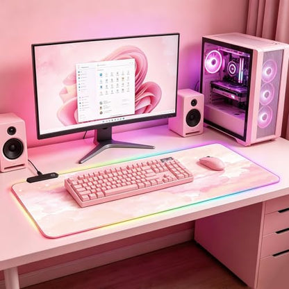 RGB Large Gaming Mouse Pad, Extended Mouse Pad with 12 Lighting Effects, Water Proof Mutispandex Surface, Non-Slip Rubber Base, 80x30 cm / 31.5×11.8 in (Pink Nebula) - color: Pink Nebula