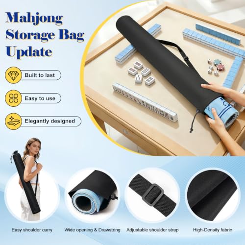 Mahjong Mat with Rule, 32.5" x 32.5" Waterproof Soft Surface Game Mat, Easy Clean Non-Slip & Noise-Reduce Mah Jong Table Mat with Carry Bag, Rolled Packaging for American Mahjong, Poker, Game - color: Light Blue