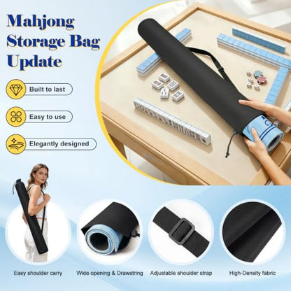 Mahjong Mat with Rule, 32.5" x 32.5" Waterproof Soft Surface Game Mat, Easy Clean Non-Slip & Noise-Reduce Mah Jong Table Mat with Carry Bag, Rolled Packaging for American Mahjong, Poker, Game - color: Light Blue