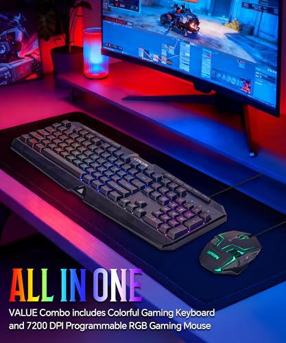 PC Gaming Keyboard and Mouse Combo Wired with Backlit, RGB Light up Mouse | 10 Extra Multimedia Buttons, 19 Anti-ghosting Keys, Waterproof, 7200 DPI Programmable Gaming Mouse with Software for PS5 Xbox