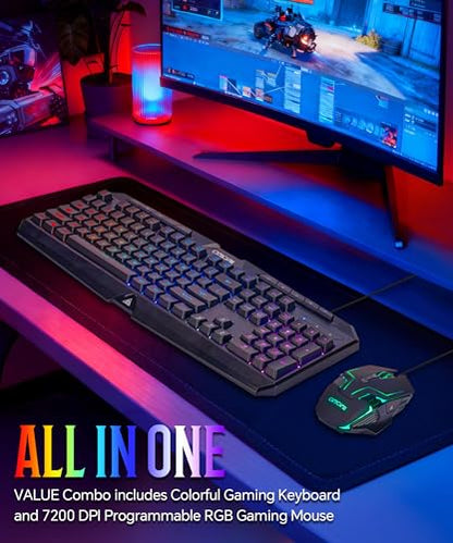 PC Gaming Keyboard and Mouse Combo Wired with Backlit, RGB Light up Mouse | 10 Extra Multimedia Buttons, 19 Anti-ghosting Keys, Waterproof, 7200 DPI Programmable Gaming Mouse with Software for PS5 Xbox