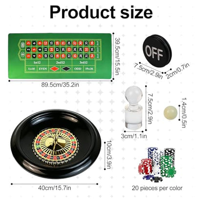 Casino Night Complete Game Set Include 16'' Green Roulette Wheel 35" X 16" Rubber Tabletop Layout Mat, 100 Chips Dealer Button Win Marker Casino Game Sets Gift Ideas