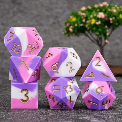 D&D Sharp Edges Dice, DND Silicone Rubber Polyhedral Dice Set 7pcs (D4, D6, D8, D10, D12, D20, D%) for Dungeons and Dragons, RPG, MTG (White Pink Purple) - color: White Pink Purple