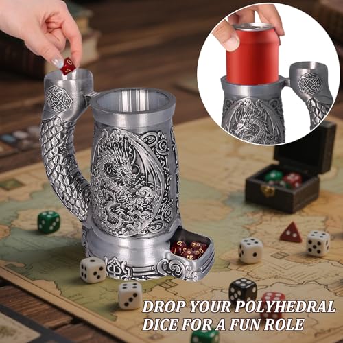 Dice Tower Mug, Dice Rolling Tower, Comes with 7 PCS Dice Set, Suitable for DND Dungeons and Dragons, Tabletop Games, Available As Drink Holder, D&D Gifts, DND Accessories (Silver-Dragon) - color: Silver-dragon