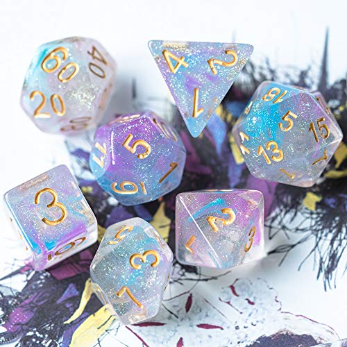 UDIXI Resin Glitter DND Dice Set Swirls RPG Polyhedral Dice Set for D&D | Purple & Blue Colors, Gold Number, Velvet Dice Bag Packaging, for Dungeons and Dragons Role Playing Games and Tabletop Games - color: A-purple Blue