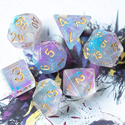 UDIXI Resin Glitter DND Dice Set Swirls RPG Polyhedral Dice Set for D&D | Purple & Blue Colors, Gold Number, Velvet Dice Bag Packaging, for Dungeons and Dragons Role Playing Games and Tabletop Games - color: A-purple Blue