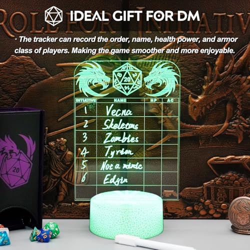 DND Initiative Tracker for DM, Unique Erasable Acrylic Light with Pen, Fantasy D&D Combat Health Tracker, Dungeon Master Tool for Dungeons and Dragons 5e Gifts Pathfinder Tabletop RPG Accessories