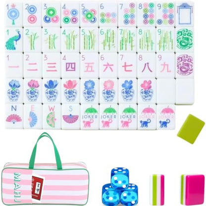 4 Layer Mahjong Tiles, 2026 Premium 160 Pcs Acrylic American Mahjong Tiles Set with Dice, Engraved Four Layer Mahjong Tile with Exquisite Carrying Bag, Home Trips Social Game (Lime Fan) - color: Lime Fan