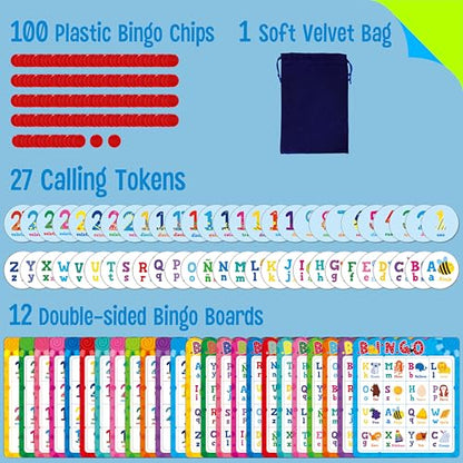 SpriteGru Spanish Bingo Game, 12 Bingo Board Spanish Letters, Numbers & Words Vocabulary Game, Early Educational Toys for Learning - Ages 4 and up, Perfect for Classroom & at Home (Up to 12 Players) - style: Spanish Alphabet Number Bingo Game