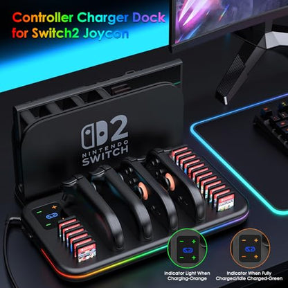 Switch 2 Dock, Charging Dock for Joycon 2, Nintendo Switch 2 Accessories, RGB Games Organizer Docking Station with Controller Charger with 18 Game Card Slots and Cable