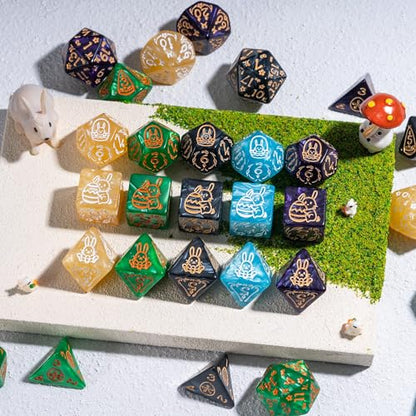 5 Sets Dice DND, Polyhedral Dice Set (35pcs) with Leather Dice Bag, D&D Dice Set for RPG Table Games (Rabbit Pattern 5 Sets Dice) - color: 5 Sets Rabbit Pattern