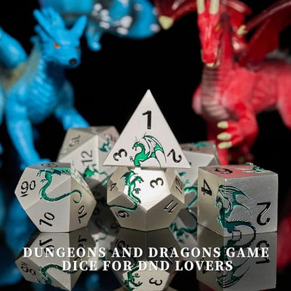 Metal Dragon DND Dice Set,7-Piece RPG Dice,Silver Green | Heavy zinc alloy polyhedral dragon dice with easy-to-read numbers and a magnetic gift box for fantasy tabletop RPG games. - color: Matte Sliver Green
