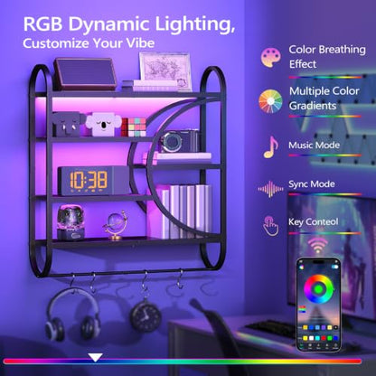 HOOBRO Gaming Floating Shelves with LED Lights, 28.9" LED Wall Mounted Shelf, 5-Tier Display Rack for Wall Storage, Floating Rack with Hanging Rod and 4 S-Hooks, for Game Room, Black BB50DBJ01 - color: Black