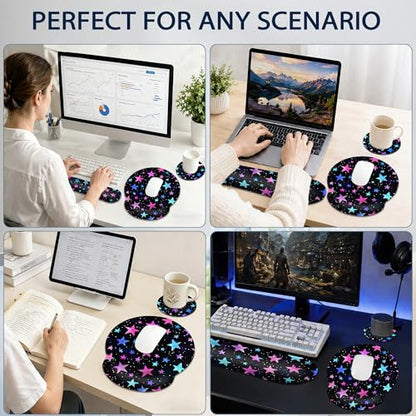 Wrist Rest Mouse Pad and Keyboard Support Set,Pink Stars 3 in 1 Ergonomic Memory Foam Mousepad with Non Slip Base, Gaming Mouse Pad for Office and Home - color: Pink Stars