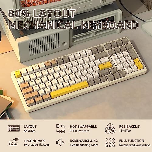 Ajazz Mechanical Gaming Keyboard, Hot Swappable with Numeric Pad, Compact USB Wired 100 Keys, Double-Shot ABS Keycaps, N-Key Rollover RGB Custom for PC Mac (MX Blue) - color: Cheese/Hot-swap Blue Switch