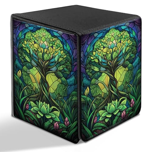 BVDIKMI Card Deck Box for MTG, Card Storage Box Fits 100+ Single Sleeved Cards, PU Leather Strong Magnet Card Deck Case Holder for Magic Commander TCG CCG, Green Tree - color: Green Tree
