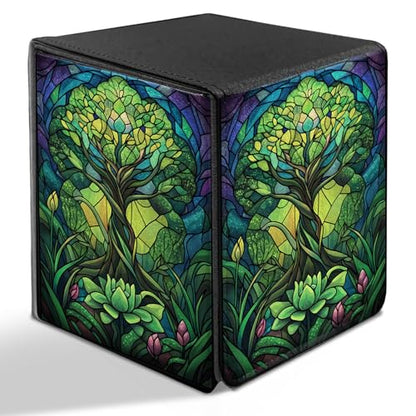 BVDIKMI Card Deck Box for MTG, Card Storage Box Fits 100+ Single Sleeved Cards, PU Leather Strong Magnet Card Deck Case Holder for Magic Commander TCG CCG, Green Tree - color: Green Tree