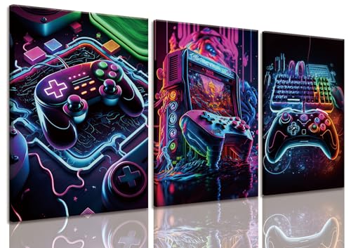 Yolbcdr Neon Gaming Canvas Wall Art Set of 3, 16x24 inch | Colorful Gaming Wall Decor, Neon Video Game Poster Set, Boys Bedroom Playroom - color: Game-01, size: 16"x24" Canvas