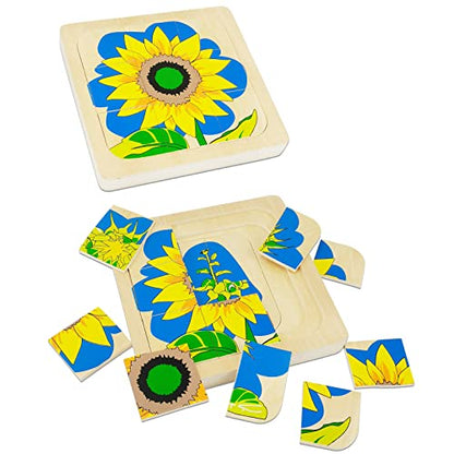 Montessori Wooden Puzzles for Kids Ages 4-8, 4 Layer Life Cycle Of Sunflower Jigsaw Puzzle for Toddlers, Children Preschool Learning Educational Puzzles Summer Toys Gift for Boys and Girls (Sunflower) - style: Sunflower