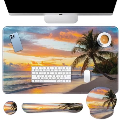 Arttown Keyboard Mouse Pad Set, 4 in 1 Desk Mat Set Beach Ocean | Sunset Tropical Summer Large Mousepad+Keyboard Wrist Rest+Mouse Wrist Rest+Coaster Ergonomic Design for Home Office Computer - color: Sunset Beach 1