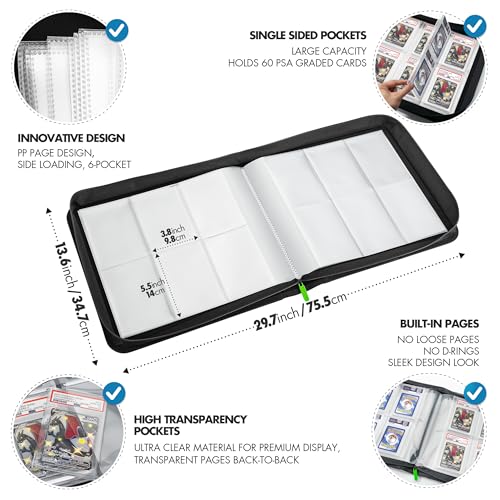 FunGuys Graded Card Binder, 60 PSA Slab Holder, 6 Pocket Graded Card Storage, Slab Binder, PSA Card Graded Display Case Album, Zipper Binder, MTG Card Binder - color: Black and Black