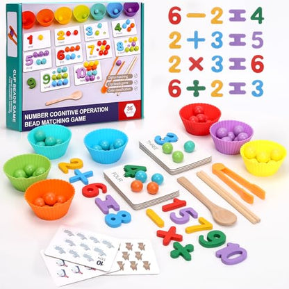 Wooden Peg Board Bead Game, Montessori Arithmetic Math Toy Set | beads, chopsticks & spoons, children's preschool fine motor toys for 3 4 5 years old