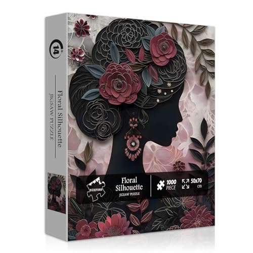 Impossible Puzzle for Adults 1000 Pieces, Black Girl Puzzles Flower Plant Aesthetic Art, Floral Elegant Black Woman Jigsaw Puzzle Paper Cut - style: Floral Silhouette Puzzle